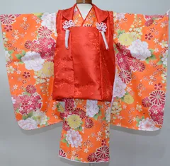 七五三 三歳 女児 被布 着物 フルセット オレンジ×朱色 ポリエステル 3歳 3才 三才 女の子 祝着 お仕立て無料 NO0019