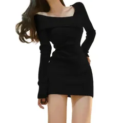 [ReiLuana] ワンピース ニット レディース オフショルダー 長袖 タイト リブ ミニ ワンピ 細見え 秋 冬 (JP, アルファベット, M, ブラック) [ブラック] [M]