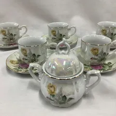 昭和レトロ　ティーカップ&ソーサー5客　シュガーポット　花模様　虹色デザイン　R184