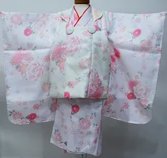 七五三 三歳 女児 被布着物フルセット 淡ピンク×アイボリー ポリエステル 3歳 3才 三才 祝着 お仕立て無料 NO0018