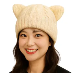 [ReiLuana] ニット帽 レディース 猫耳 冬 ニット キャップ 親子 おそろい ペアルック 防寒 ケーブル 編み (JP, アルファベット, Free Size, ベージュ) [ベージュ] [Free Size]
