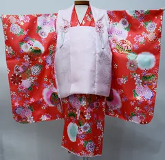 七五三 三歳 女児 被布 着物 フルセット 赤色×淡ピンク ポリエステル 3歳 3才 三才 女の子 祝着 お仕立て無料 NO0014