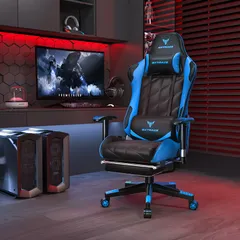 【リクライニング＆オットマン付】ゲーミングチェア オフィスチェア デスクチェア 人間工学 ハイバック 165度リクライニング テレワーク PCチェア【青】