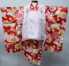 七五三 三歳 女児 被布 着物 フルセット 赤色×淡ピンク ポリエステル 3歳 3才 三才 女の子 祝着 お仕立て無料 NO0017
