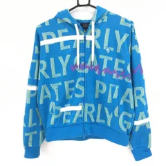 【美品】パーリーゲイツ ジップパーカー ライトブルー×イエロー ロゴ総柄 レディース 2(L) ゴルフウェア 2024年モデル PEARLY GATES
