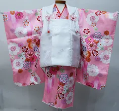 七五三 三歳 女児 被布 着物 フルセット ピンク×白色 ポリエステル 3歳 3才 三才 女の子 祝着 お仕立て無料 NO0006