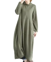 [Elixio] [エリクシオ] ワンピース レディース ミモレ丈 ロング丈 長袖 体型カバー ゆったり 楽ちん ハイネック やわらかい カジュアル 秋 冬 春 ルームウェア コクーンシルエット (JP, アルファベット, XL, カーキ [カーキ] [XL]