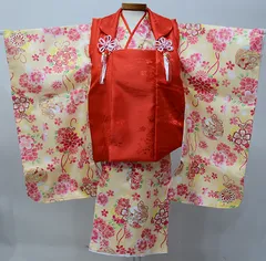 七五三 三歳 女児 被布 着物 フルセット 黄色×赤色 ポリエステル 3歳 3才 三才 女の子 祝着 お仕立て無料 NO0007