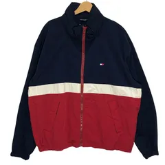 90's/90年代ヴィンテージ TOMMY HILFIGER/トミーヒルフィガー オールドトミー フラッグタグ ウィンドブレーカー フード収納 アウター ナイロンジャケット ブルゾン ワンポイント刺繡  Philippines製 メンズ XL ネイビー/レッド