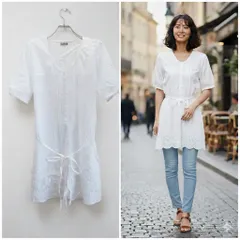 美品✨ ラコンフィー La.Comfy チュニック ワンピース 透け感 刺繍 レース ブラウス 半袖 コットン 綿100 ナチュラル レース ピンタック リボン 付き 春夏 レディース 大人 カジュアル ナチュラル ゆったり 体型カバー