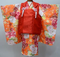 七五三 三歳 女児 被布 着物 フルセット オレンジ×赤色 ポリエステル 3歳 3才 三才 女の子 祝着 お仕立て無料 NO0011