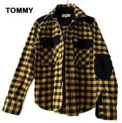 【TOMMY/トミー】 長袖シャツ カジュアルシャツ チェック柄 エルボーパッチ ブラック×イエロー 黒 黄色 洗濯OK（中古）