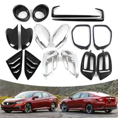 【送料無料】16-21年式本田Civic専用パーツセット、ABSおよびステンレス製、各種装飾パーツ、雨眉、バックミラーカバー、車窓百葉【シルバー＆カーボンファイバー】