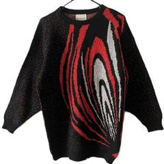 【ELLEN-D KOLLECTION】ラメ糸ニット 総柄ニット アクリルセーター トップス クルーネック ラウンドネック ブラック×レッド 黒×赤（中古）