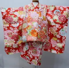 七五三 三歳 女児 被布着物フルセット 赤色×アプリコット ポリエステル 3歳 3才 三才 女の子 祝着 お仕立て無料 NO0003