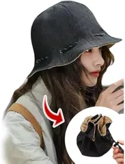 Ken R チューリップハット メンズ レディース リバーシブル バケットハット 巾着袋 2way 深め 大きいサイズ (ブラック（裏：カーキ）,  Free Size)