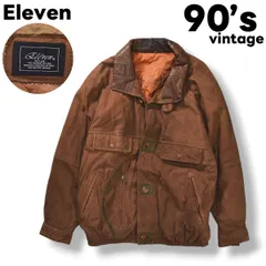 【本革】 90s ヴィンテージ Eleven 牛革 カウハイド ヌバック レザー デザイン ジャケット 革ジャン 裏地 中綿 キルティング ラグランスリーブ LL ブラウン アメリカン カジュアル レトロ メンズ