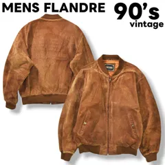 【本革】 90s ヴィンテージ メンズフランドル MENS FLANDRE 豚革 ピッグスキン スウェード レザー ジャケット 革ジャン ブルゾン 裏地 中綿 キルティング バック ロゴ 刺繍 FREE ブラウン メンズ
