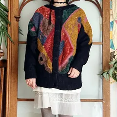 フランス古着 90's マルチカラー アートデザイン モヘアカーディガン（m367）