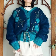 フランス古着 手編み 水色 毛足長モヘア 花刺繍 カーディガン（m369）