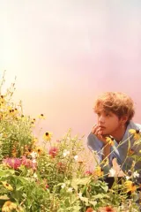 【中古】生写真(男性) 防弾少年団/V(ブイ)/膝上・座り・衣装水色・右手顎・体左向き・手前植物・背景空・ポストカードサイズ/展示会「2018 BTS EXHIBITION オヌル」「24=7 Serendipity」シーズン1 生写真(LIVE PHOTO)