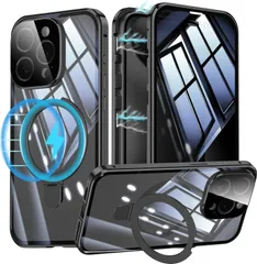 iPhone 15 Pro 用 ケース 両面 MagSafe対応 覗き見防止 アイフォン15プロ ガラスケース のぞき見 360°全面保護 Uovon スマホケース あいほん 15pro フルカバー 多機能一体スタンド カメラレンズ保護 ブラック AL438
