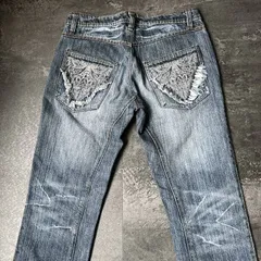 Archive Y2K Grunge Slim Straight Denim Jeans Embroidered Fringe Tag W33 アーカイブ グランジ y2k スリムストレートデニム 背面ポケット 刺繍・フリンジ ウエスト85cm