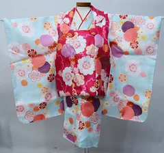 七五三 三歳 女児 被布 着物 フルセット 水色×ローズ ポリエステル 3歳 3才 三才 女の子 祝着 お仕立て無料 NO0001