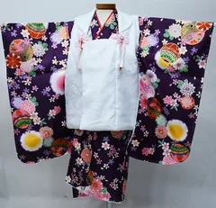 七五三 三歳 女児 被布 着物 フルセット 濃い紫色×白色 ポリエステル 3歳 3才 三才 女の子 祝着 お仕立て無料 NO0009