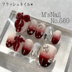 ネイルチップ ジェルネイル ワンホン 韓国 リボン 赤 マグネット