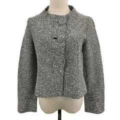 インディヴィ INDIVI ジャケット ノーカラー ツイード調 総柄 長袖 38 白 黒 ホワイト ブラック