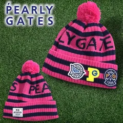 PEARLY GATES パーリーゲイツ ゴルフ 日本製 カラフルパッチ ロゴ×ボーダー柄 ポンポン付き ニットワッチ ニット帽 帽子 ユニセックス 053-2287107 定価1万 ピンク ネイビー FR ▲012▼51125w09