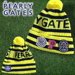 PEARLY GATES パーリーゲイツ ゴルフ 日本製 カラフルパッチ ロゴ×ボーダー柄 ポンポン付き ニットワッチ ニット帽 帽子 ユニセックス 053-2287107 定価1万 イエロー ネイビー FR ▲012▼51125w10