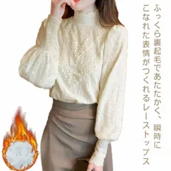 レーストップス 裏起毛 ハイネック ブラウス プルオーバー 総レース シアー 透け感 長袖 タートルネック ボリュームスリーブ 切り替え レースブラウス カットソー フェミニン インナー オフィス 通#nin0111