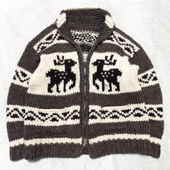 VINTAGE カウチンセーター ジップアップカーディガン ニットブルゾン MITジップ 総柄 ノルディック ネイティブ トナカイ ディア 鹿 チャコールグレー ヴィンテージ