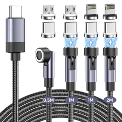 ★マグネット 充電ケーブル タイプｃ急速 3in1 60W PD対応 7ピン 【4本セット・0.5m+1m+1m+2m】 360°+180°回転可能 磁石 防塵 片手操作 タイプc じゅうでんケーブル PD