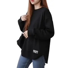 [レグエイト] レディース オーバーサイズ トップス カジュアル シンプル ロゴ付き ゆったり シルエット 春 冬 秋 体型カバー デイリーコーデ おしゃれ 3色展開 楽ちん コーデ自在 (ブラック) [ブラック]