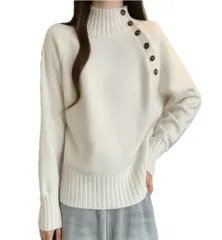 [TaKiHuReO] ボタンデコレーション ニット トップス レディース お洒落 ファッション レトロデザイン 長袖 セーター 暖かい 厚手 無地 襟元 (アイボリー) [アイボリー]