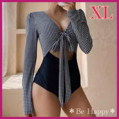 【新品】★XLサイズ★ 千鳥格子 長袖ワンピース水着 リボン 体型カバー