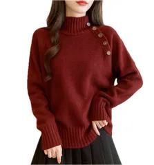 [TaKiHuReO] ボタンデコレーション ニット トップス レディース お洒落 ファッション レトロデザイン 長袖 セーター 暖かい 厚手 無地 襟元 (レッド) [レッド]
