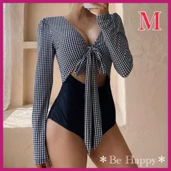 【新品】★Mサイズ★ 千鳥格子 長袖ワンピース水着 リボン 体型カバー