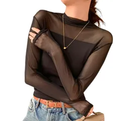 [infage] 長袖 カットソー シアー 透け感 トップス モック ネック 伸縮性 インナー スリム きれいめ 重ね着 レディース (JP, アルファベット, L, ブラック) [ブラック] [L]