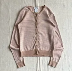 希少デザイン　フランス製　archive　agnes b.　アニエスベー　細ボーダー柄　薄手コットンニット　ボタン留めカーディガン　長袖　プレッション　濃淡ベージュカラー　サイズ1　stripes design cotton knit cardigan