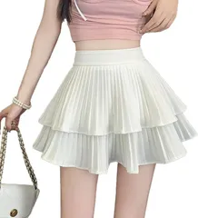 WesRiva プリーツ スカート ウエストゴム ハイウエスト 体型カバー フレア ティアード ショート ボトムス レディース ミニ シンプル 無地 カジュアル 韓国風 (ホワイト,  L)