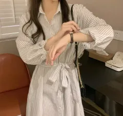 L304 ストライプシャツワンピース ロング丈