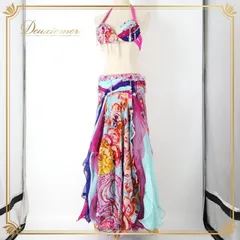 ベリーダンス オリエンタル 衣装 上下セット ピンク系 ラインストーン ビーズ 青 黄 紫 トップス スカート フリンジ 豪華 装飾 カラフル 華やか 花 スリット ステージ 舞台 ダンス衣装 ブルー系 イエロー系 シルバー系 パープル系