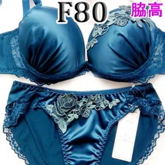 ♪[格安]18[F80&L]脇高ブラ ショーツ セットElegante　サテン地マリンブルー　アップリケ付き　大きなカップサイズ 　新品未使用