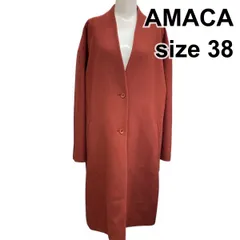■ アマカ AMACA ガウンコート 長袖 ノーカラー Vネック ロング丈  ワインレッド ウール混 38 M 9号 レディース B5Y074