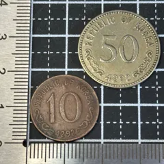 【韓国旧硬貨2枚】10ウォン＆50ウォン／大韓民国 建国期デザイン 李舜臣・鶴モチーフ 実用硬貨 464