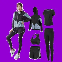 レディース ヨガウェア トレーニングウェア ランニングウェア 上下 スポーツウェア 5点セット 伸縮性 通気 吸汗速乾 フィットネス ジャージ [DawnRain] スポーツブラ ロングタイツ パーカー 半袖 短パンツ 春夏秋冬